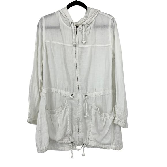 SOLD Eileen Fisher Zip Front Long Sleeve Hooded Linen Jacket Sz L White Cinch - Picture 2 of 7